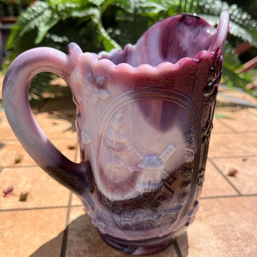 Vintage embossing windmill design glass pitcher